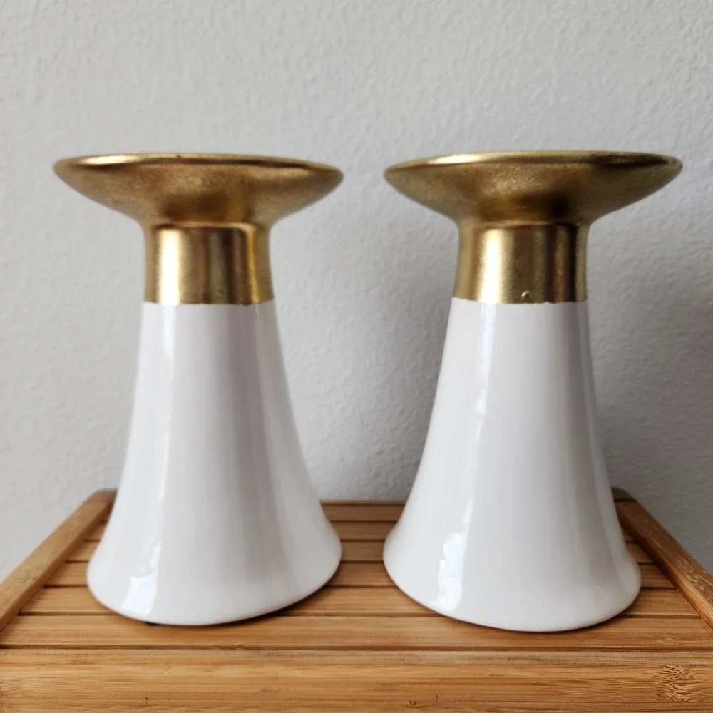 Christmas 2016 Hobby Lobby Gold White Pedestal Pillar‎ Candle Holders Set Of 2